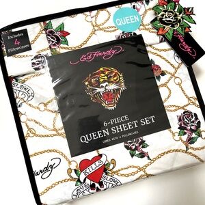 NWT Ed Hardy 6-Piece QUEEN Sheet Set Tattoo Skull Roses 4 Pillowcases